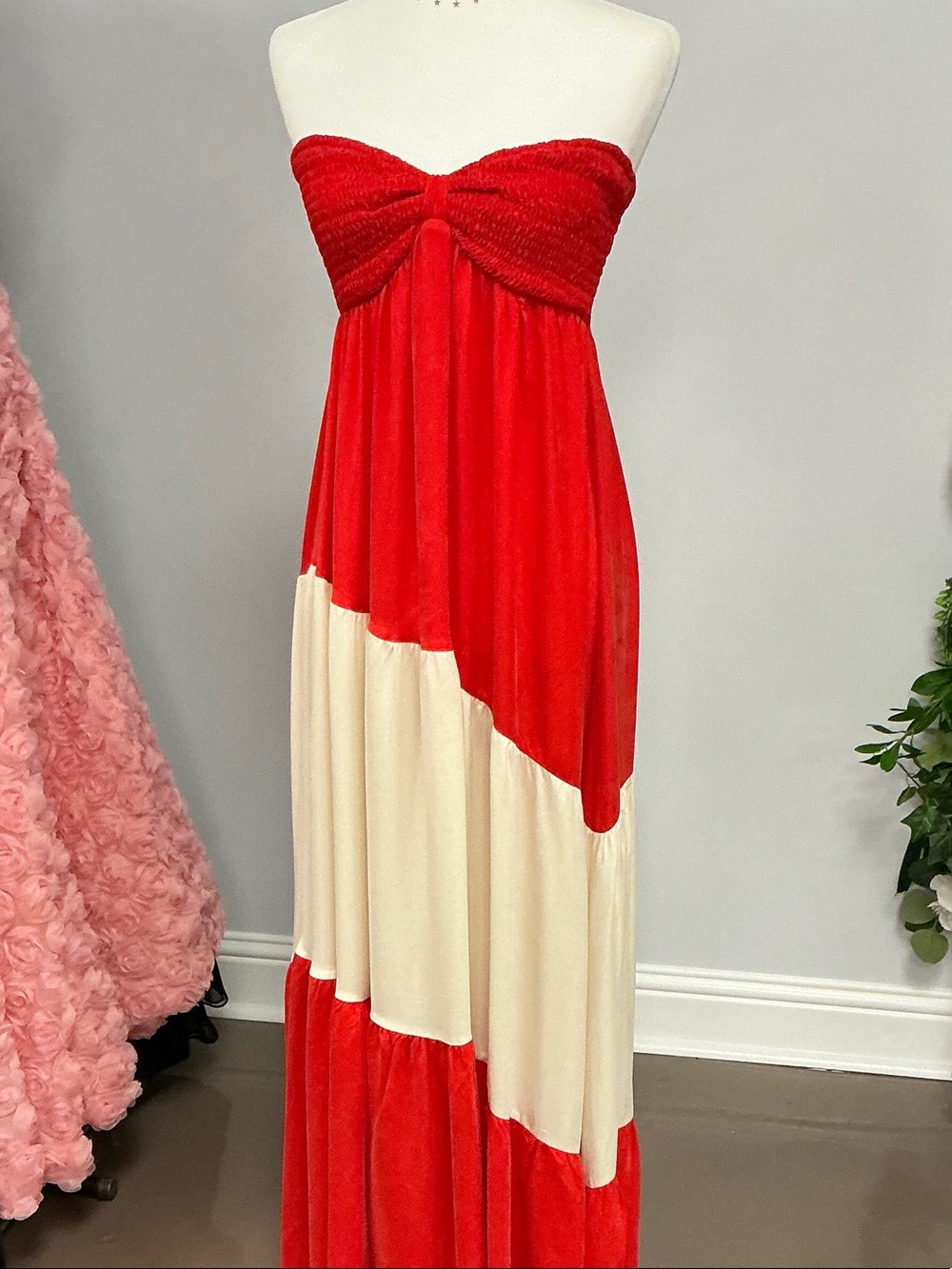 Strapless Red and Cream Colorblock Maxi Dress